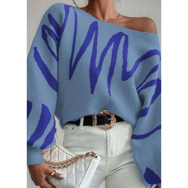 Fashion Blue Slash Neck Knit Sweaters Lantern Sleeve