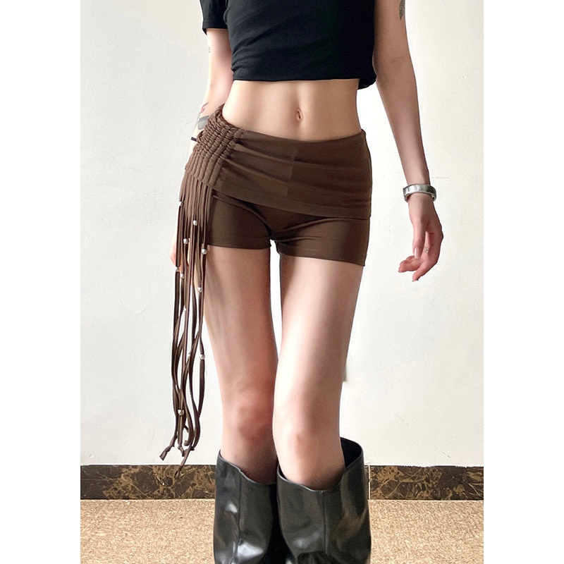 Fashion Brown Wrinkled Tassel Hot Pants Summer