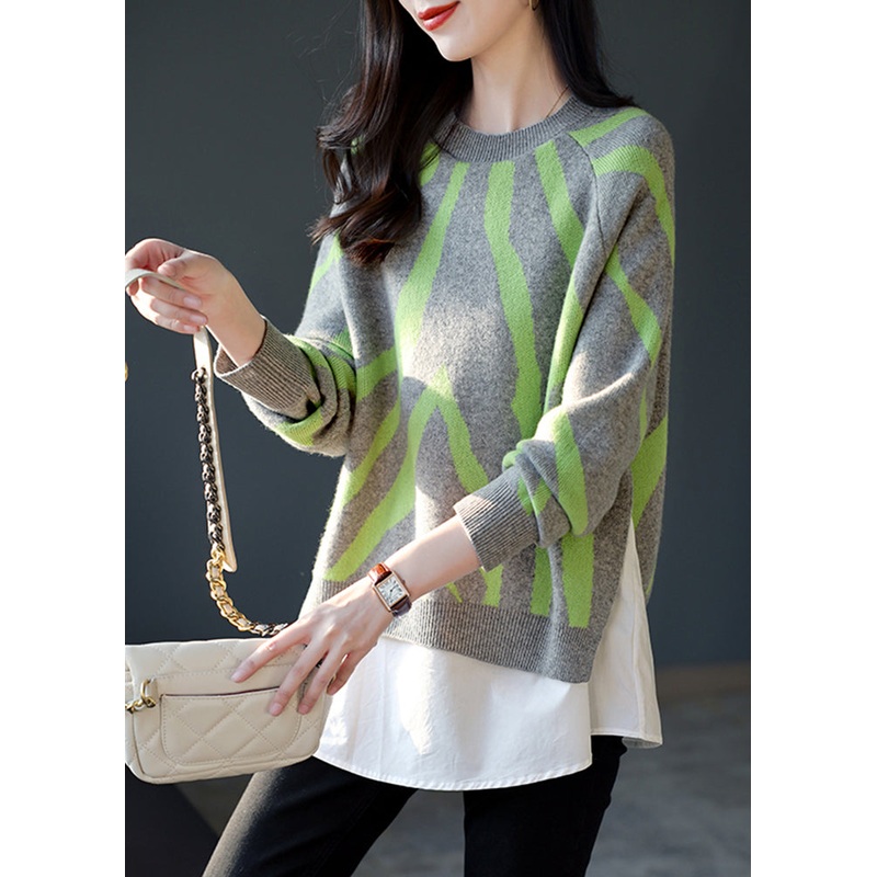 Fashion Grey Print Patchwork Wool Knit Fake Two Piece Pullover Tops Winter