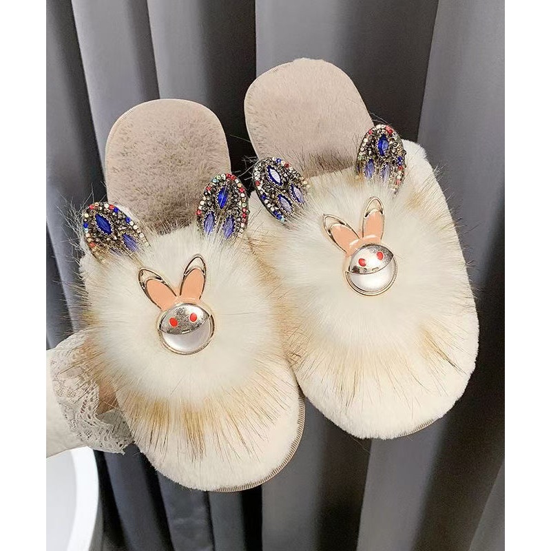 Fashion Splicing Slippers Shoes Khaki Fuzzy Fur Zircon