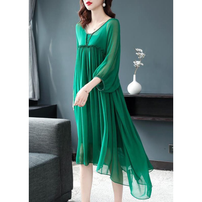 Fine Green V Neck Wrinkled Patchwork Silk Two Pieces Set Summer