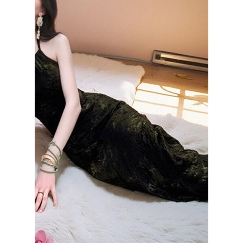 Fitted Black Print Side Open Long Spaghetti Strap Dress Sleeveless