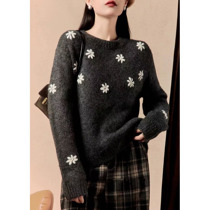 Floral Grey O Neck Cozy Thick Cotton Knit Sweater Winter