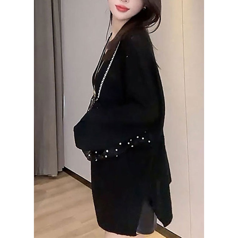 French Black O-Neck Lace Patchwork Fake Two Pieces Knit Tops Fall