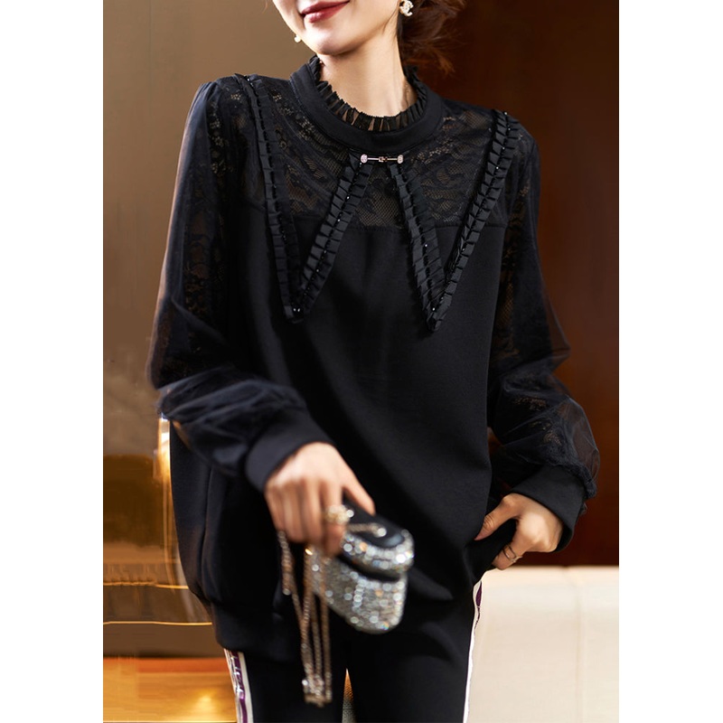 French Black Ruffled Lace Patchwork Cotton Top Long Sleeve