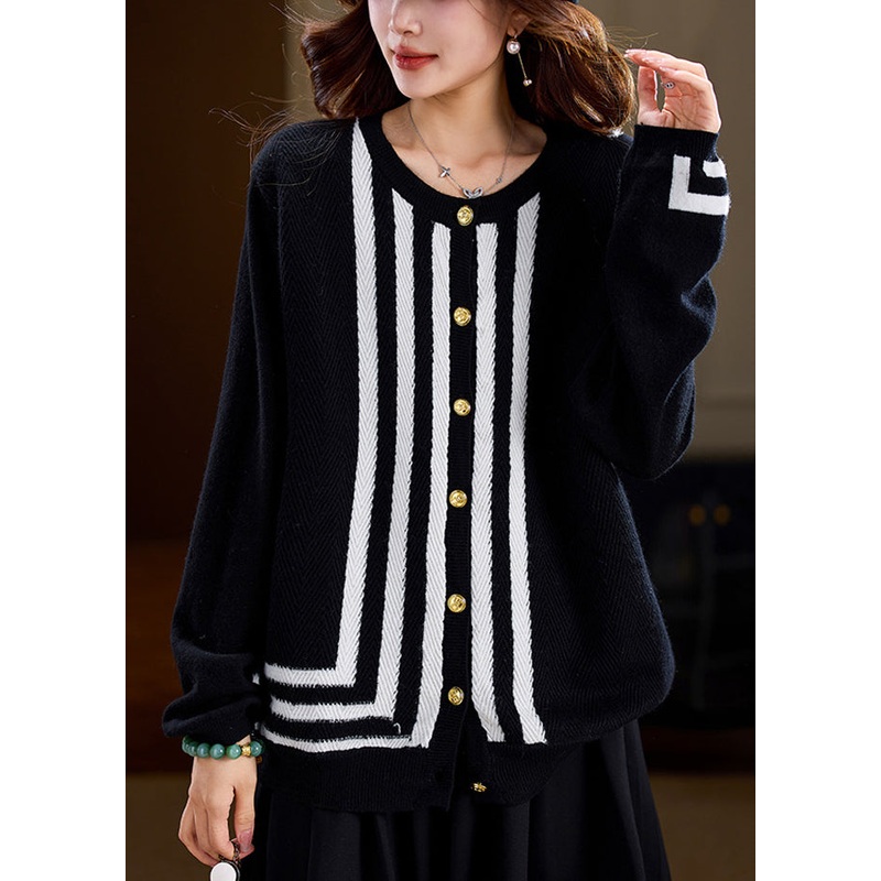 French Black Striped Patchwork Woolen Sweaters Spring