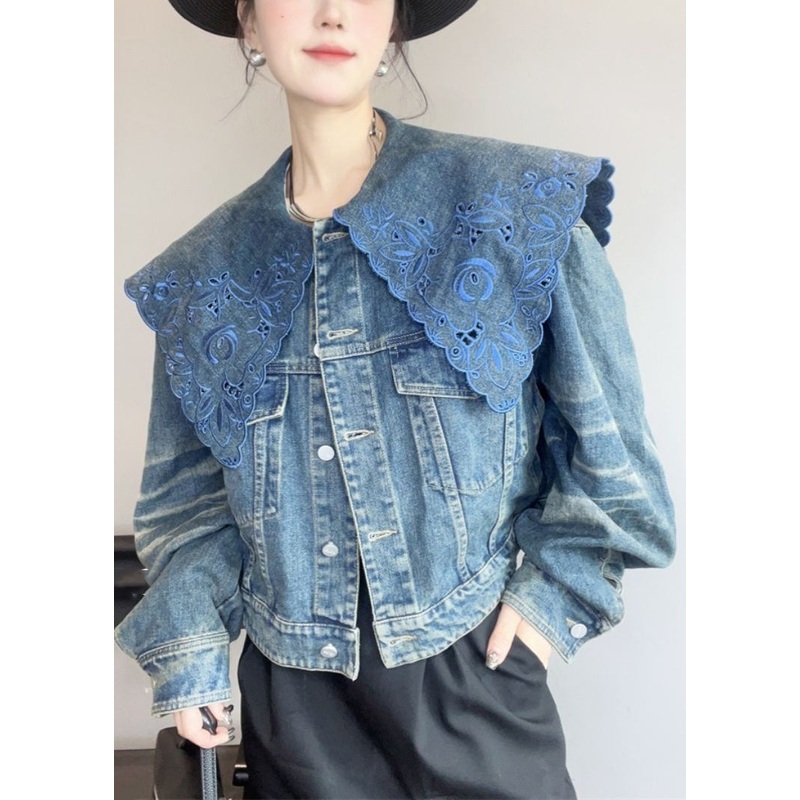 French Blue Peter Pan Collar Hollow Out Denim Coat Spring