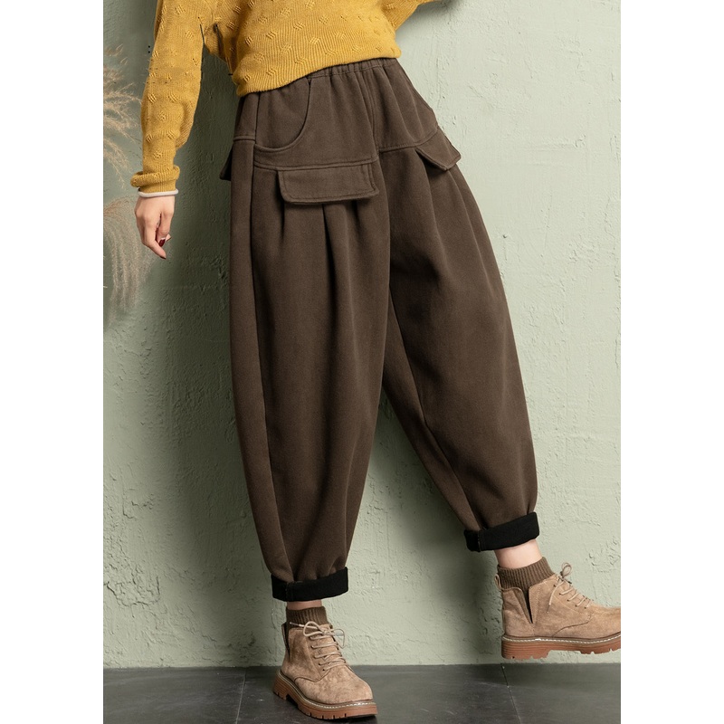 French Coffee Solid Elastic Wais Cotton Harem Pants