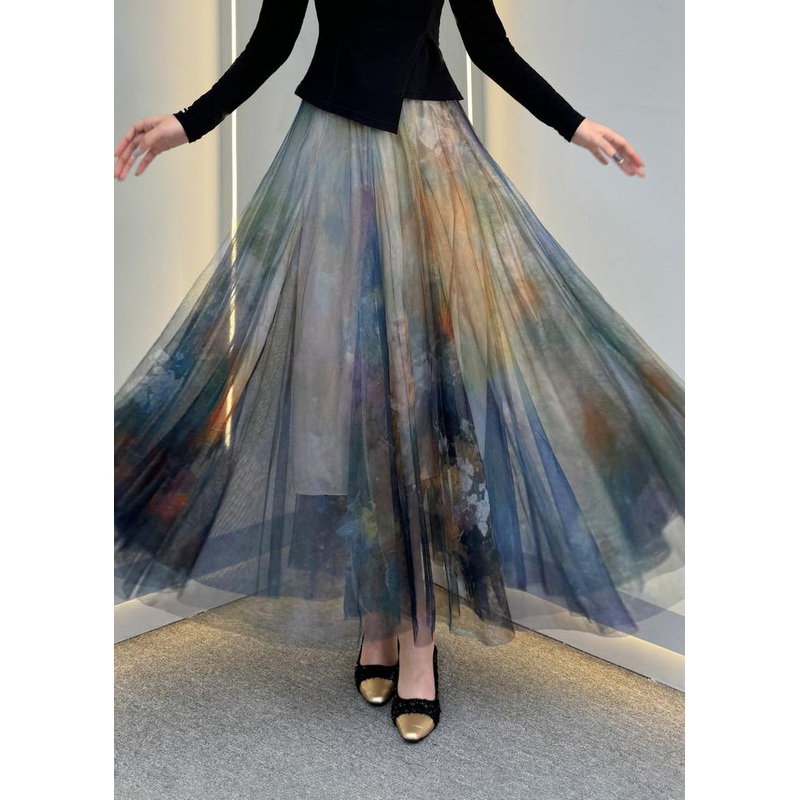 French Dark Grey Elastic Waist Tulle Maxi Skirt Summer