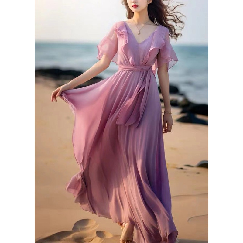 French Pink Tie Waist Patchwork Chiffon Dresses Butterfly Sleeve