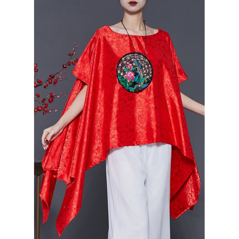 French Red Embroidered Asymmetrical Design Silk Tops Smock Summer