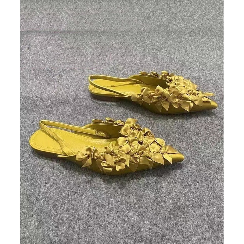 French Yellow Bow Pointed Toe Flat Sandals