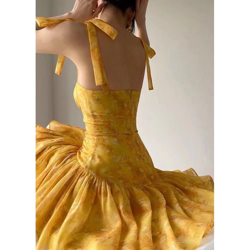 French Yellow Embroidered Slim Fit Strap Dresses Summer