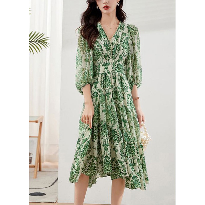 Handmade Green V Neck Print Chiffon Vacation Dresses Bracelet Sleeve