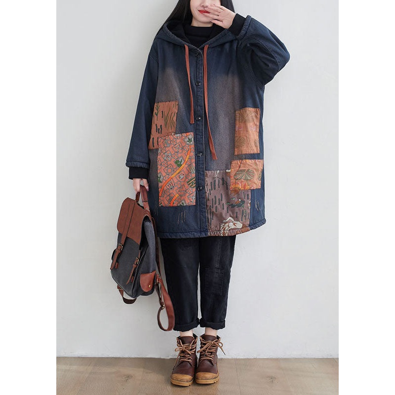 Handmade Navy Hooded Patchwork Applique Fine Cotton Filled Coats Winter