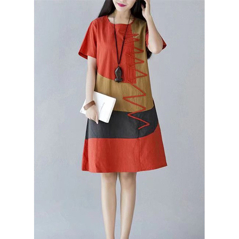 Handmade Orange O Neck Patchwork Cotton Dress Summer