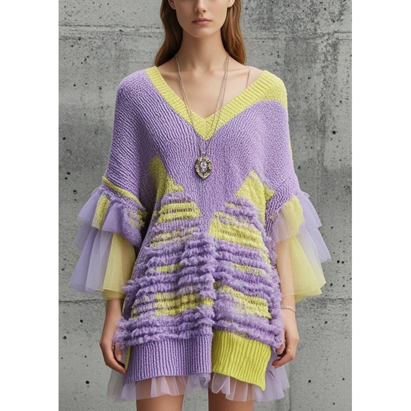 Handmade Purple V Neck Patchwork Knit Dress Flare Sleeve
