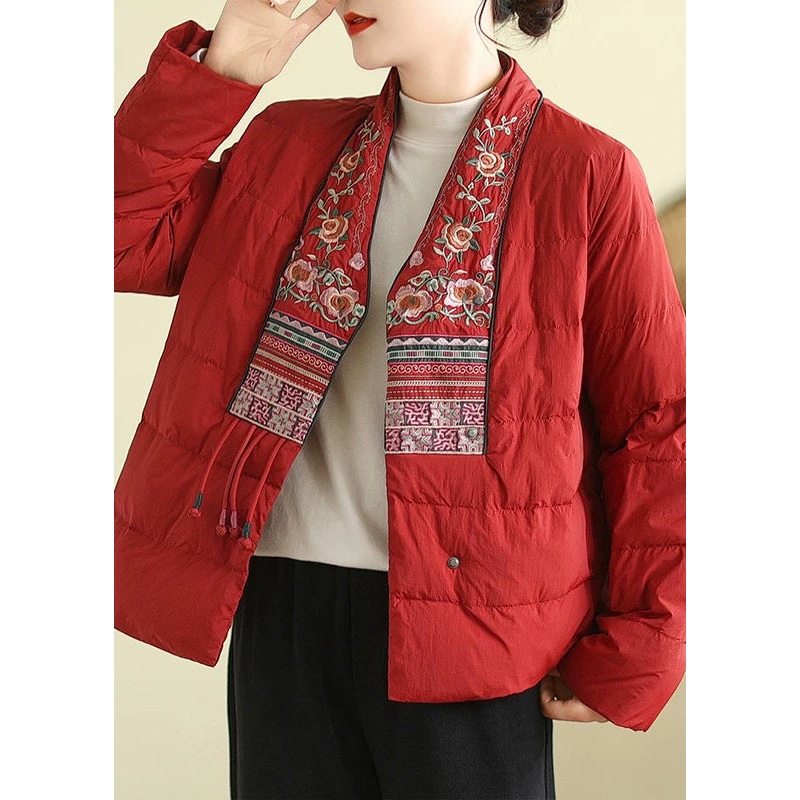 Handmade Red V Neck Embroidered Cotton Filled Parkas Winter