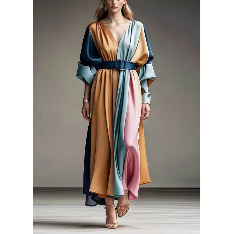 Italian Colorblock Cinched Patchwork Exra Large Hem Silk Maxi Dresses Spring