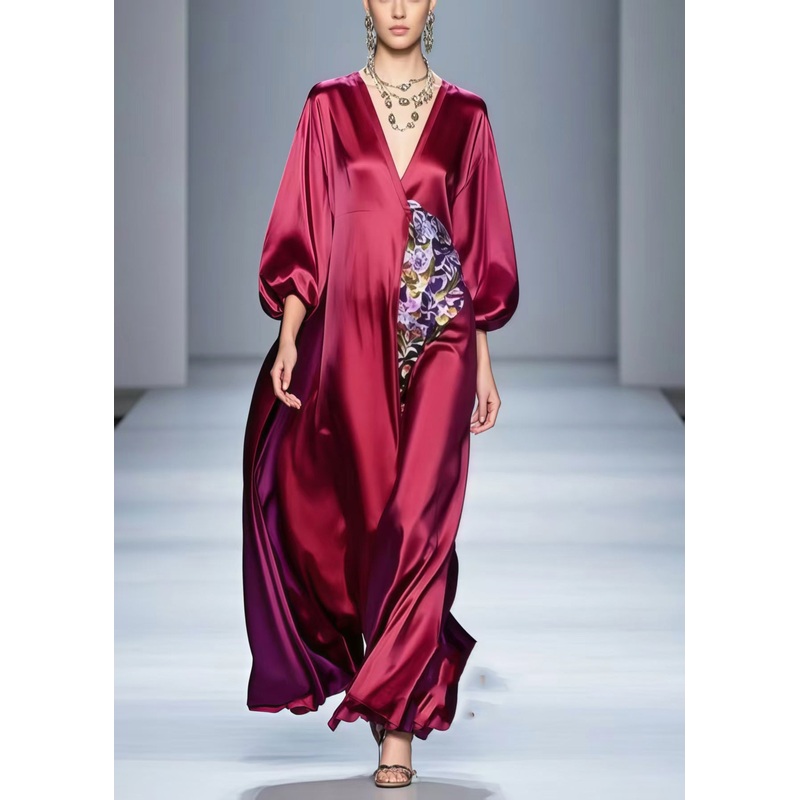 Italian Mulberry Oversized Patchwork Silk Maxi Dress Spring