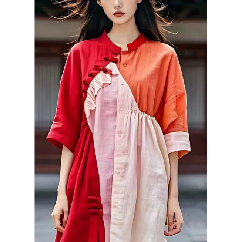 Italian Red Asymmetrical Patchwork Wrinkled Linen Shirt Dress Summer