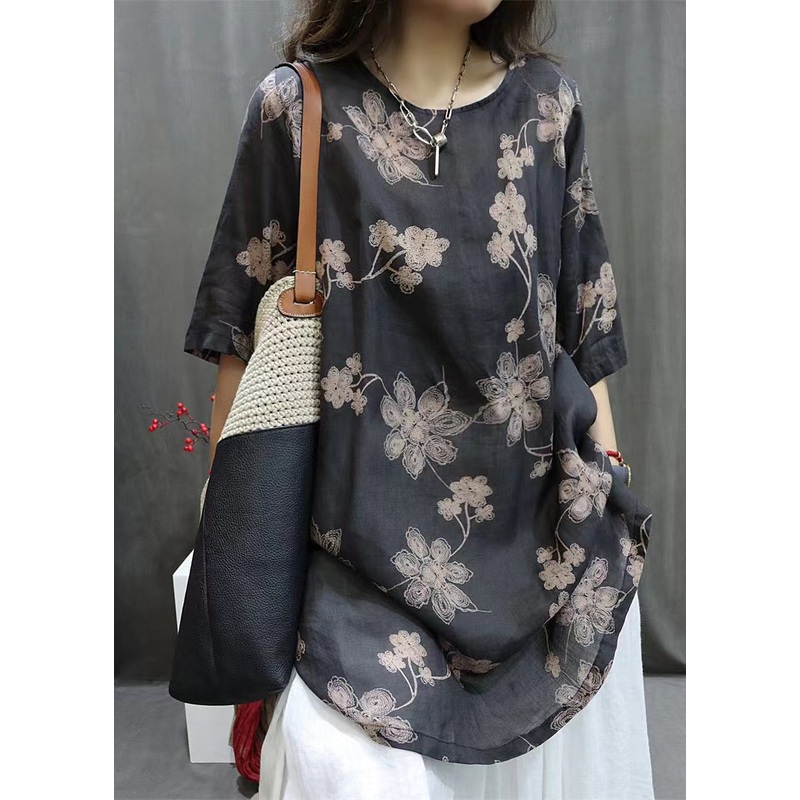 Loose Black O-Neck Print Linen Shirts Half Sleeve