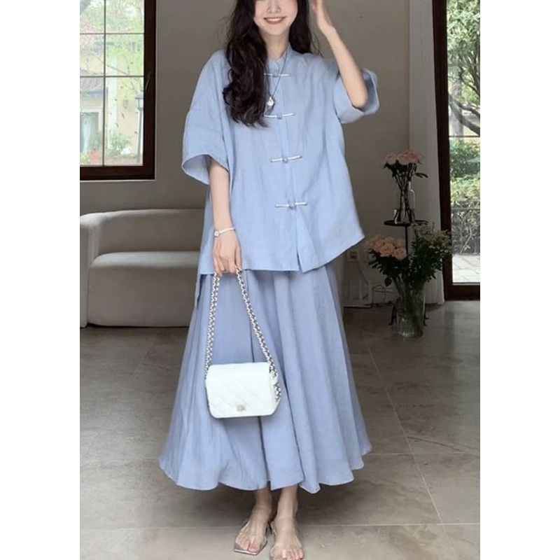 Loose Blue Button Solid Cotton Two Pieces Set Half Sleeve