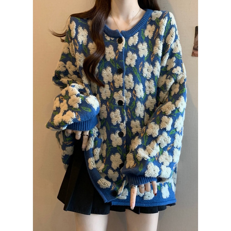 Loose Blue O Neck Jacquard Button Knit Coat Winter