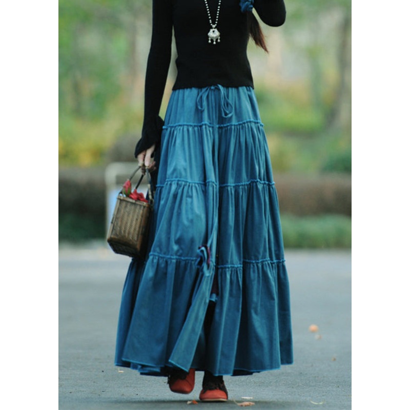 Loose Blue Wrinkled Patchwork Lace Up Corduroy Skirts Spring