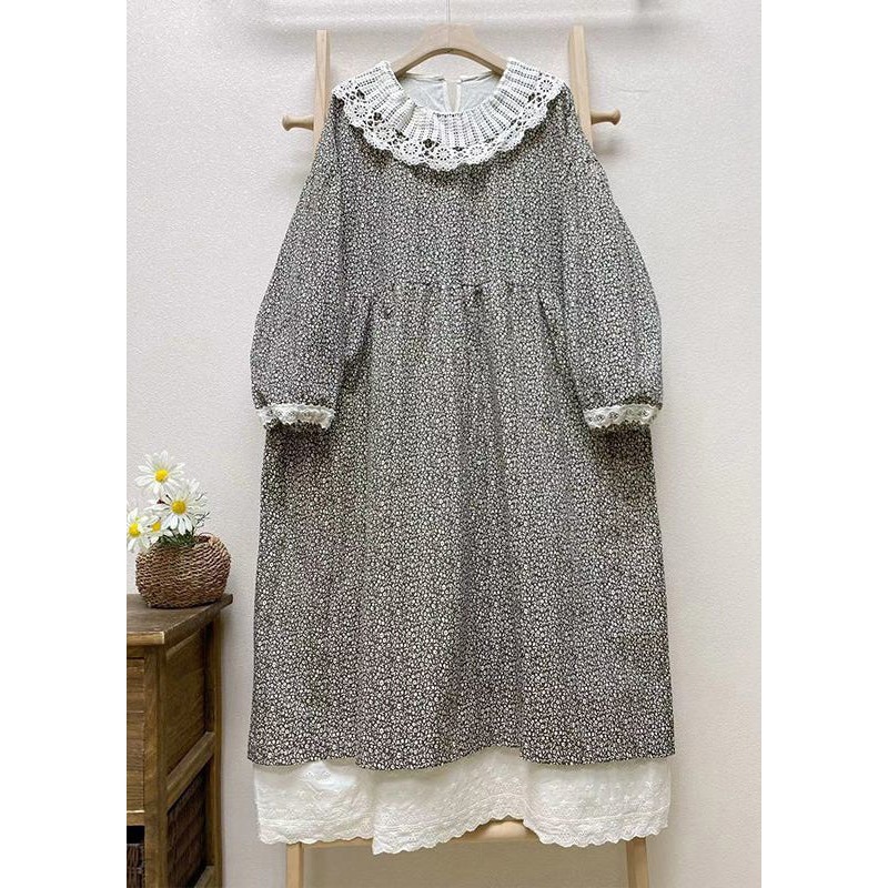 Loose Dark Gray Hollow Out Print Cotton Long Dresses Long Sleeve