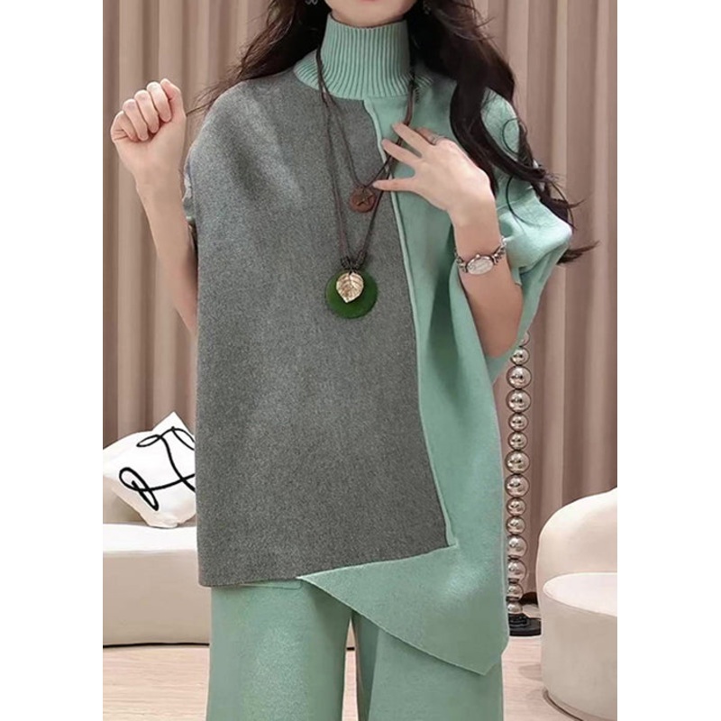 Loose Green Asymmetrical Patchwork Knit Sweaters Winter