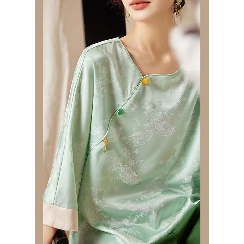 Loose Green Button Print Silk Shirt Bracelet Sleeve