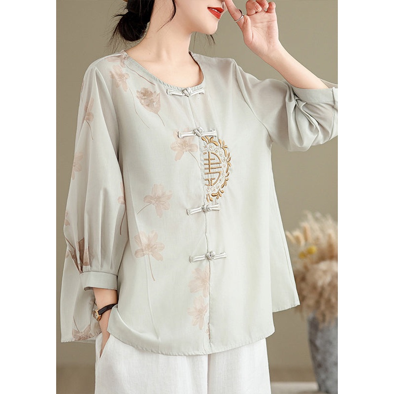 Loose Grey Embroidered Button Print Cotton Shirts Spring