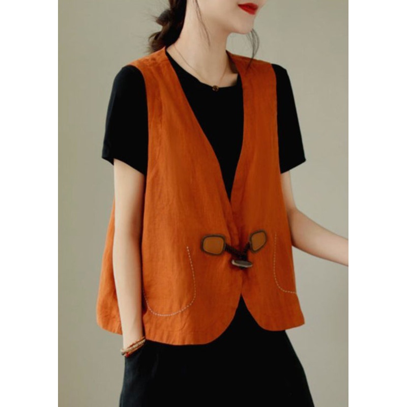 Loose Orange V Neck Button Linen Waistcoat Sleeveless