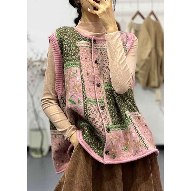 Loose Pink O Neck Button Cotton Knit Waistcoat Sleeveless