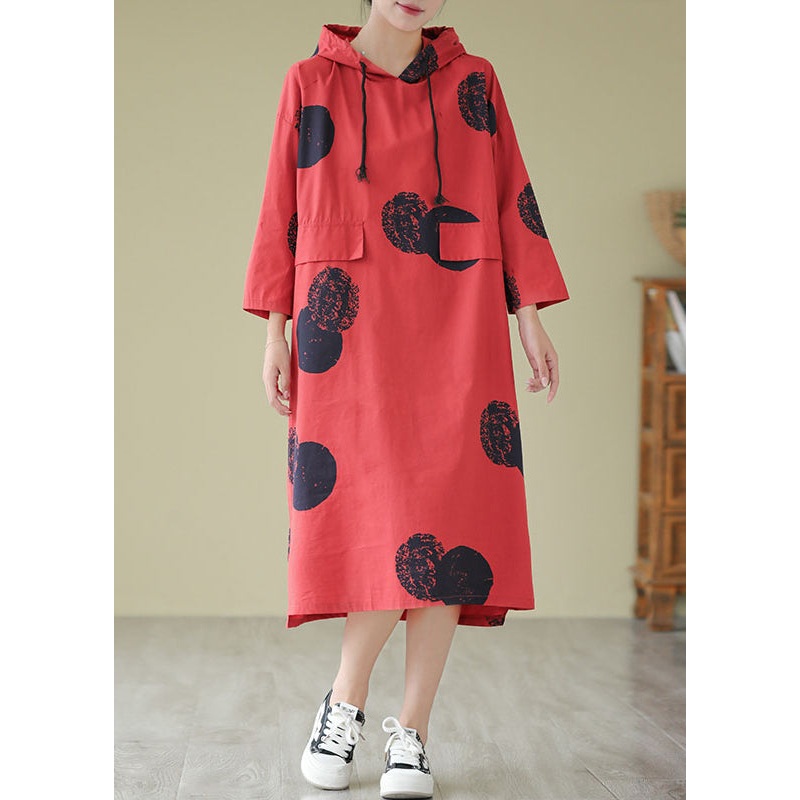 Loose Red Hooded Dot Print Cotton Dress Fall