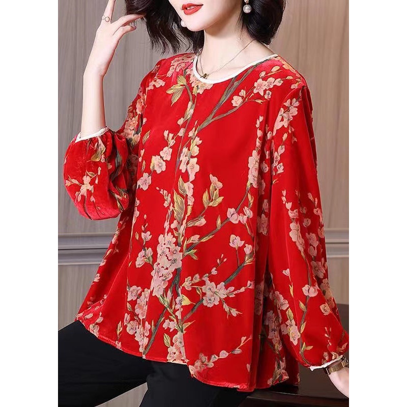 Loose Red O Neck Jacquard Velour Tops Long Sleeve