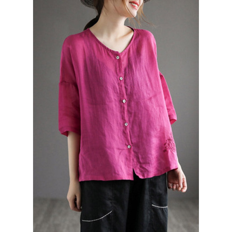 Loose Rose O-Neck Embroidered Button Linen Shirt Half Sleeve