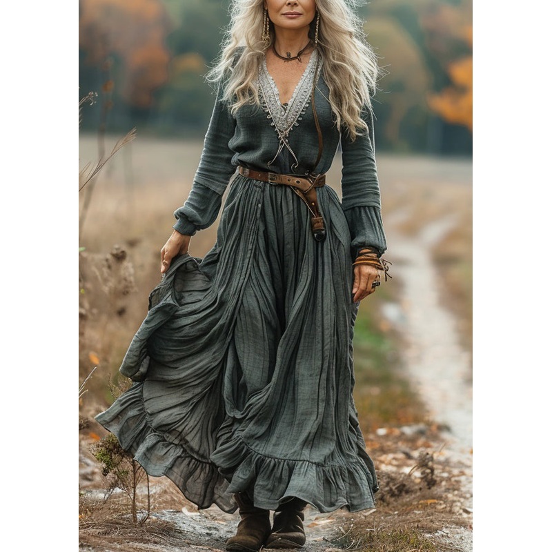 Loose V Neck Ruffled Patchwork Cotton Maxi Dress Long Sleeve