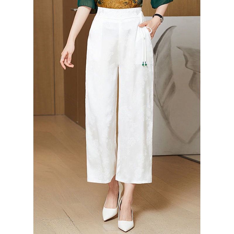 Loose White Lace Up Pockets Silk Crop Pants Summer