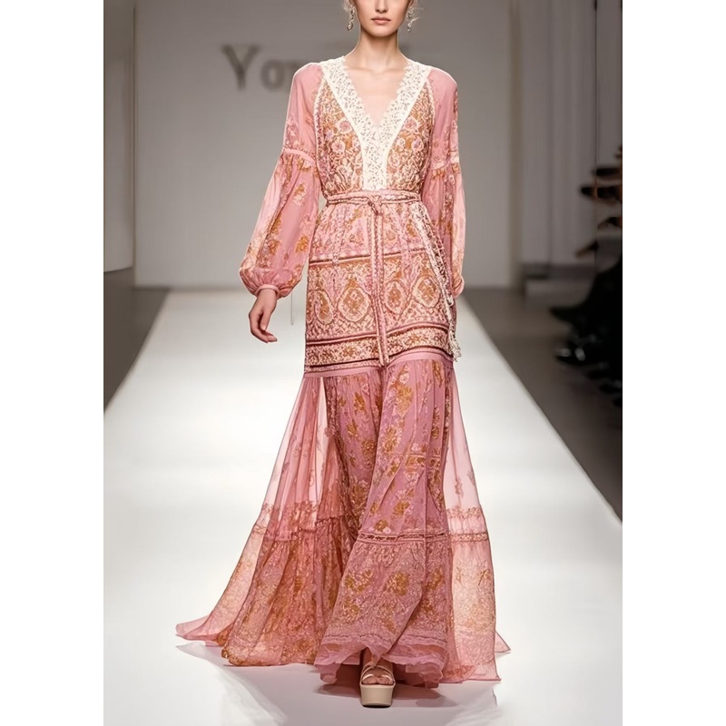 Modern Pink Cinched Print Chiffon Ankle Dress Spring