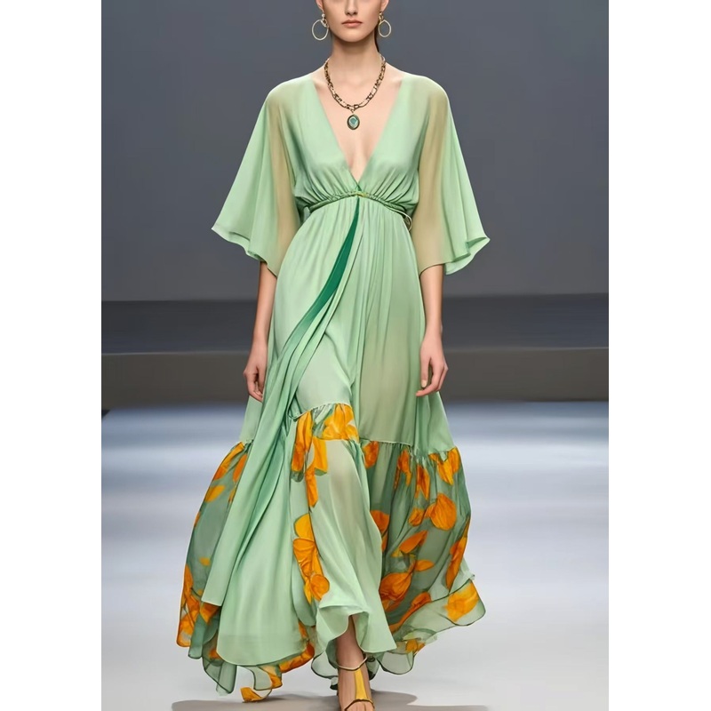 Natural Light Green Exra Large Hem Patchwork Chiffon Holiday Dress Summer