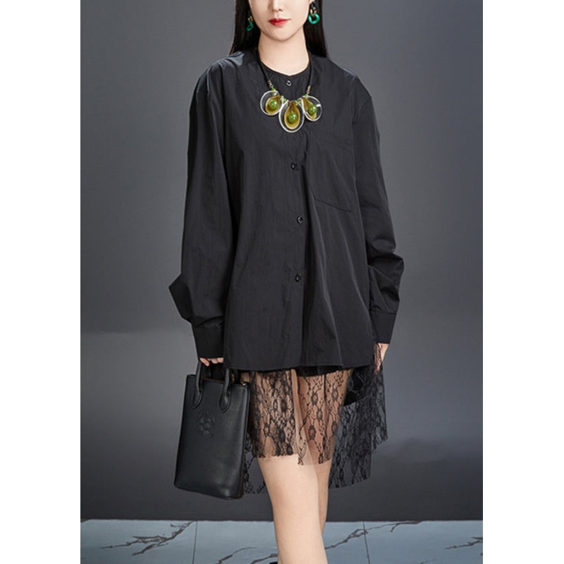 New Black O-Neck Button Solid Cotton Shirt Fall