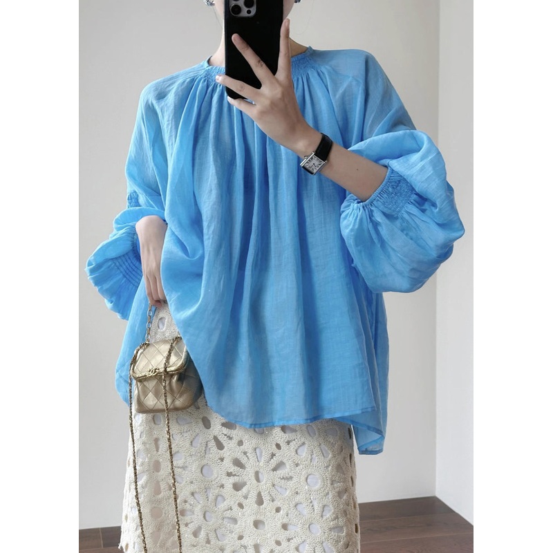 New Blue O-Neck Solid Cotton Shirt Lantern Sleeve