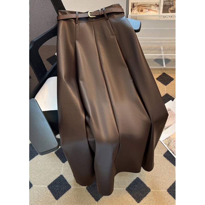 New Coffee Zippered High Waist Faux Leather Skirt Winter