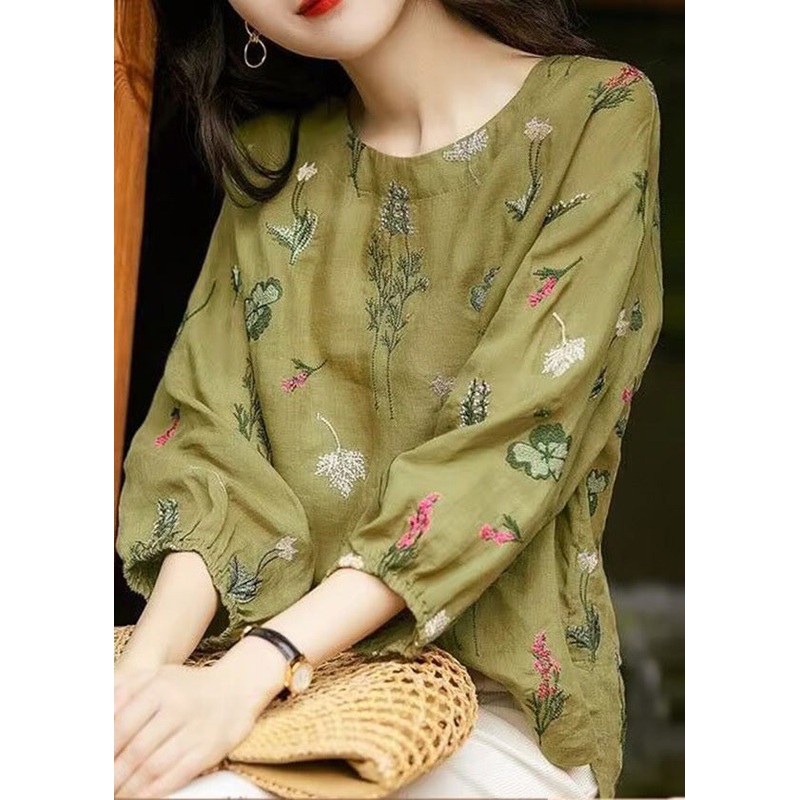 New Green O-Neck Embroidered Cotton Shirts Bracelet Sleeve