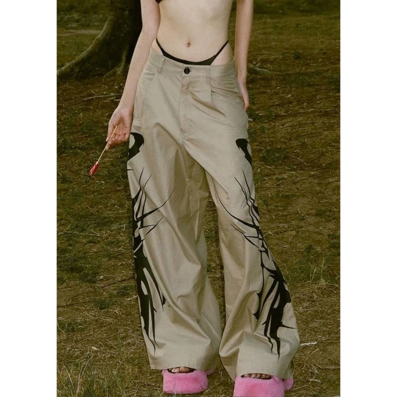 New Khaki Print Pockets High Waist Cotton Pants Summer