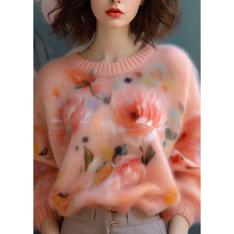 New Pink O Neck Thick Print Knit Sweater Fall