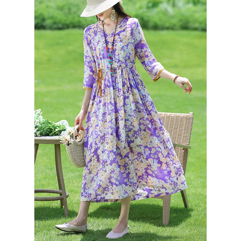 New Purple V Neck Print Lace Up Cotton Long Dress Half Sleeve