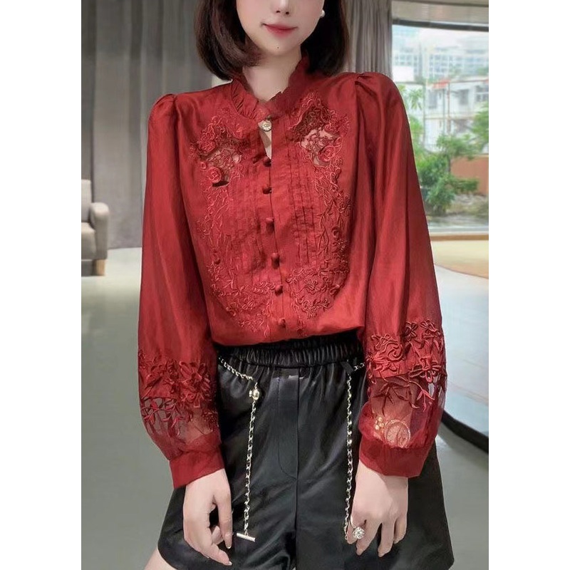 New Red Embroidered Ruffled Button Cotton Shirt Long Sleeve